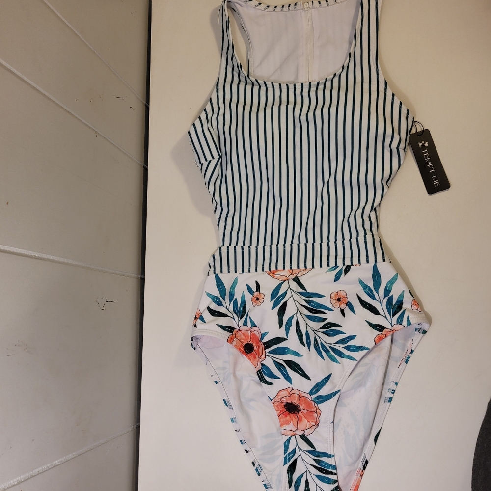 TEMPT ME TROPICAL/STRIPE ONE PIECE SWIMSUIT SIZE SMALL NWT